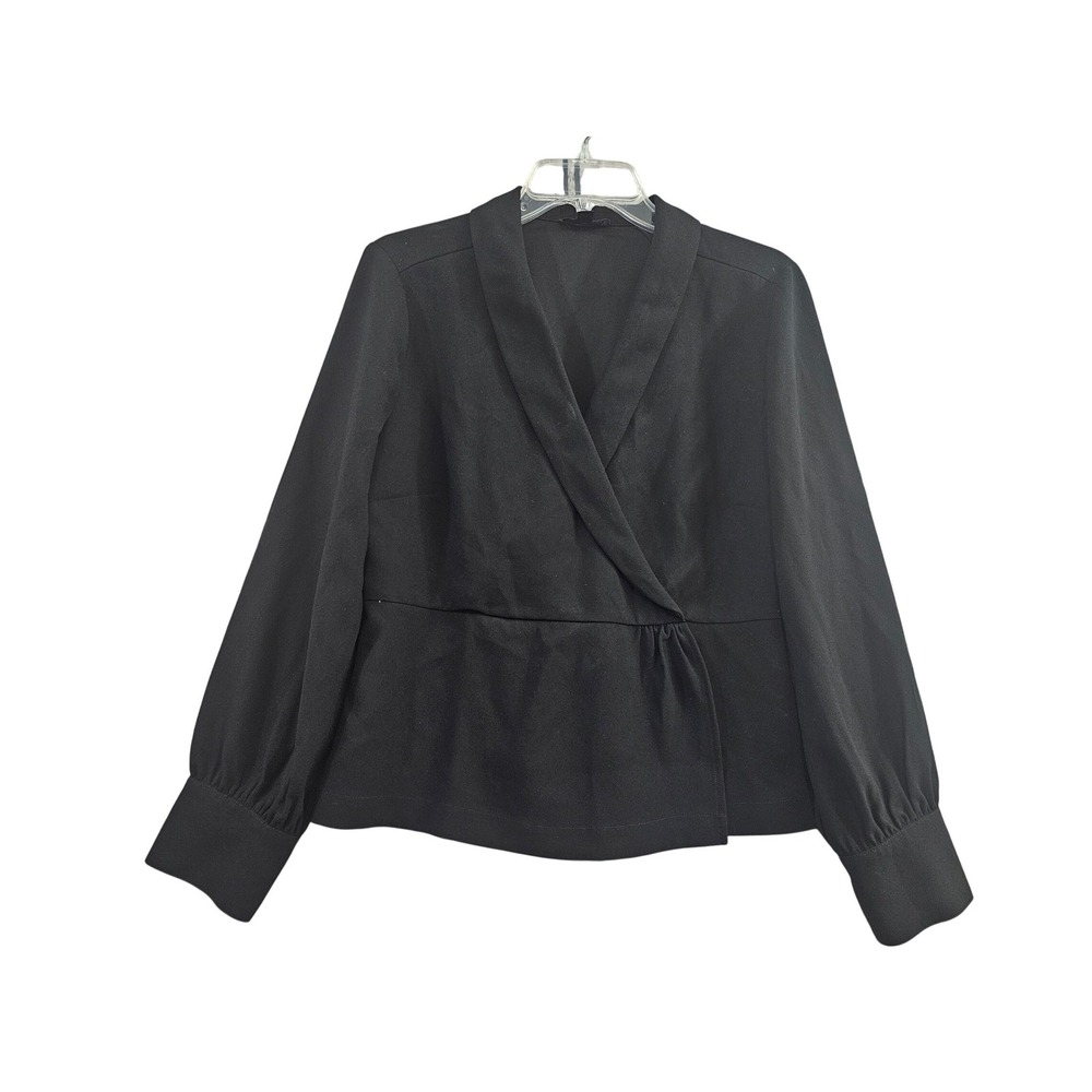 J.Crew Wrap Peplum Top Women Size 10 Black Solid Long Sleeve V-Neck Blouse AE875